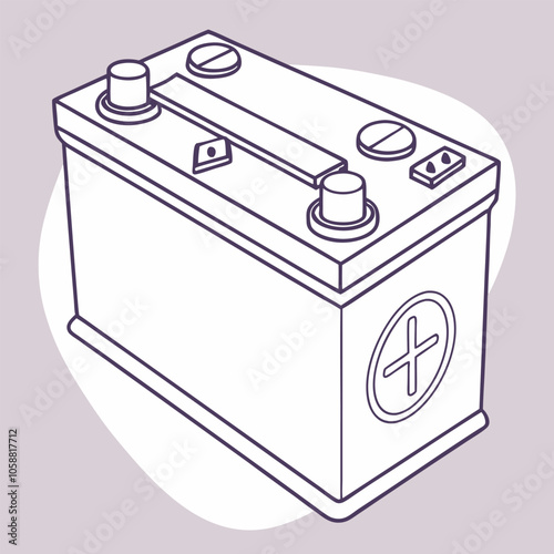 A line drawing illustration of a car battery, featuring a rectangular shape with a plus sign, depicting a common automotive component.
