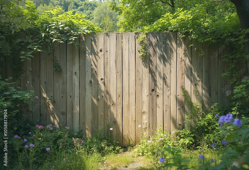 A wooden fence with vertical wooden planks, some of which are weathered and discolored, against a background of green foliage A wooden fence with vertical wooden planks, some of which are weathered and discolored, against a background of green foliage
