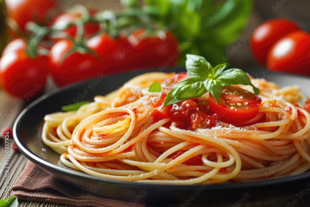 Pasta Dinner. Spaghetti with Fresh Tomatoes and Basil in a White Bowl Pasta Dinner. Spaghetti with Fresh Tomatoes and Basil in a White Bowl