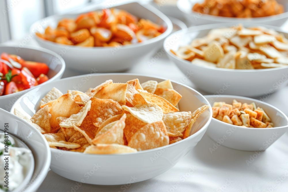 Party Snacks: Salty Chips in White Bowls on Fast Food Background Party Snacks: Salty Chips in White Bowls on Fast Food Background