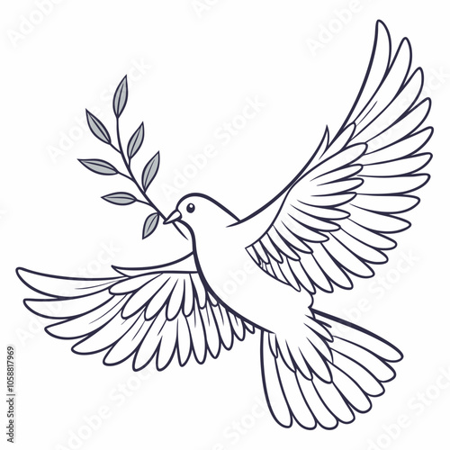 A simple line drawing of a dove with an olive branch in its beak, representing peace and hope. This iconic symbol is perfect for religious, spiritual, or peace-themed projects.