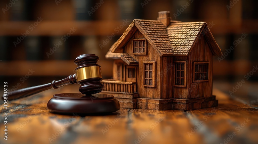 judge presiding over a legal matter, seated at an elegant desk adorned with a gavel and a small wooden house model, intently reviewing documents related to property and real estate law judge presiding over a legal matter, seated at an elegant desk adorned with a gavel and a small wooden house model, intently reviewing documents related to property and real estate law