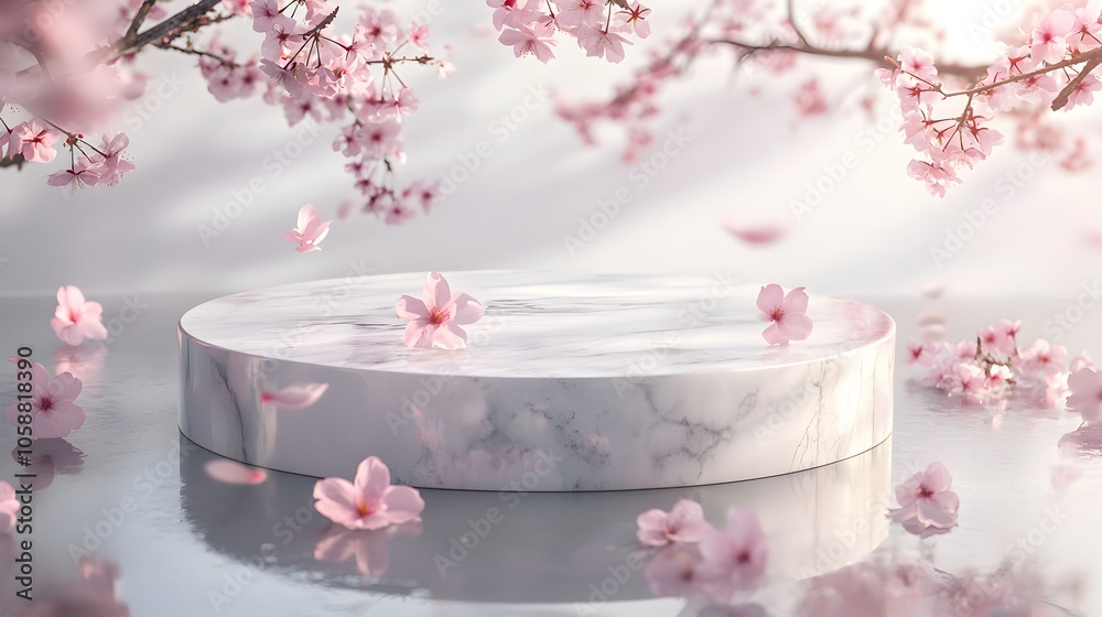 Elegant display of delicate pink cherry blossoms and branches against a modern marble and grey backdrop creating a serene and luxurious setting for a high end beauty or spa product line Elegant display of delicate pink cherry blossoms and branches against a modern marble and grey backdrop creating a serene and luxurious setting for a high end beauty or spa product line