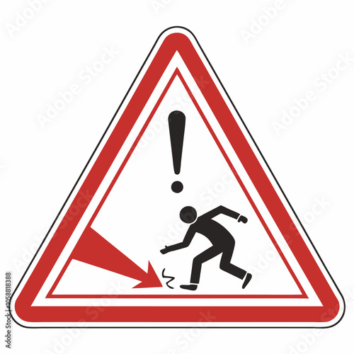 A red triangle warning sign with an exclamation point and a person slipping, ideal for safety signage, cautionary illustrations, and design elements. This simple.
