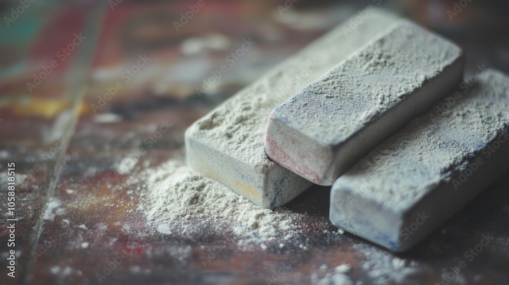 A close-up shot of the chalk's texture, capturing the details and powder, with the board softly blurred behind. A close-up shot of the chalk's texture, capturing the details and powder, with the board softly blurred behind.