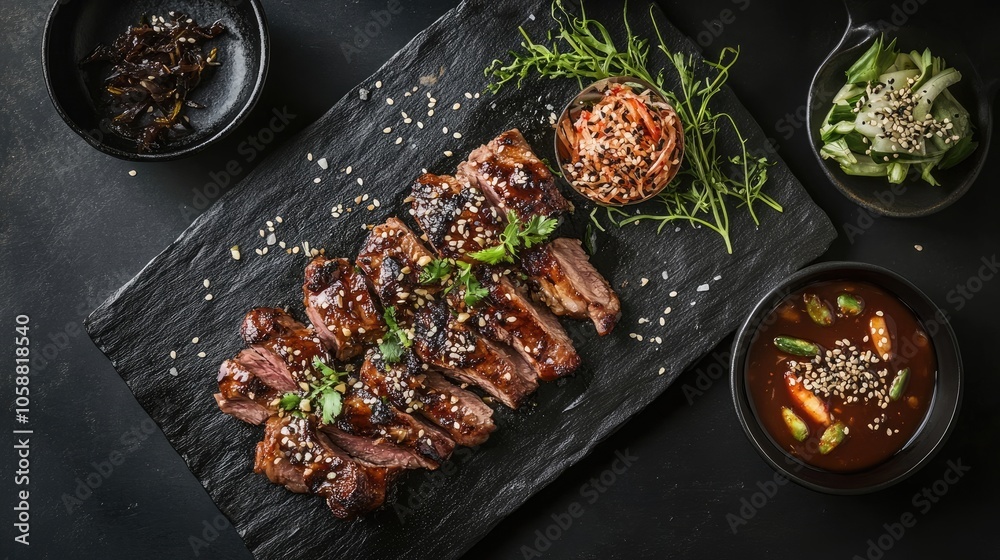 Black dish of banchan accompanied by meat barbecue and wild rice, perfect for food photography. This appetizing banchan arrangement offers visually appealing elements and ample copy space.