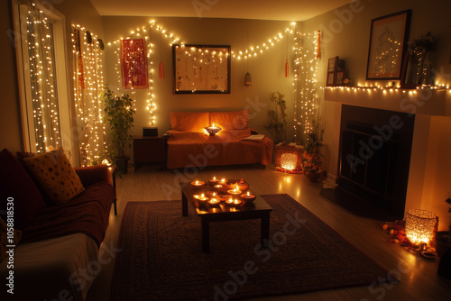 Living room arrangement with decorations and hanging string lights and lanterns photo