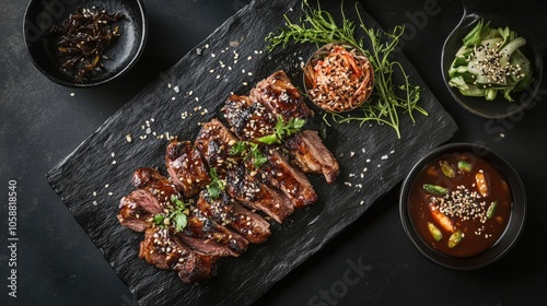 Obraz na płótnie Black dish of banchan accompanied by meat barbecue and wild rice, perfect for food photography. This appetizing banchan arrangement offers visually appealing elements and ample copy space. w salonie
