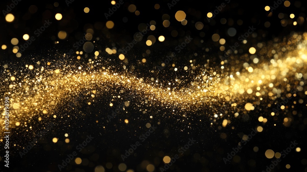 Golden glitter powder creates shimmering sparkles against a dark backdrop Golden glitter powder creates shimmering sparkles against a dark backdrop