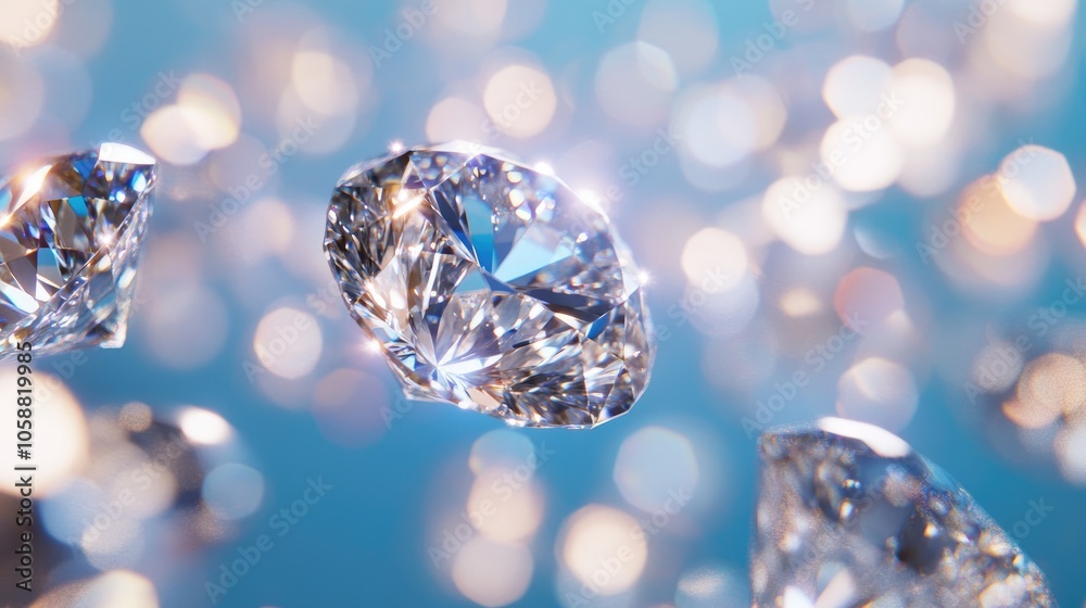 Luxurious sparkling diamonds against a vivid blue backdrop featuring an appealing bokeh effect rendered in 3D Luxurious sparkling diamonds against a vivid blue backdrop featuring an appealing bokeh effect rendered in 3D