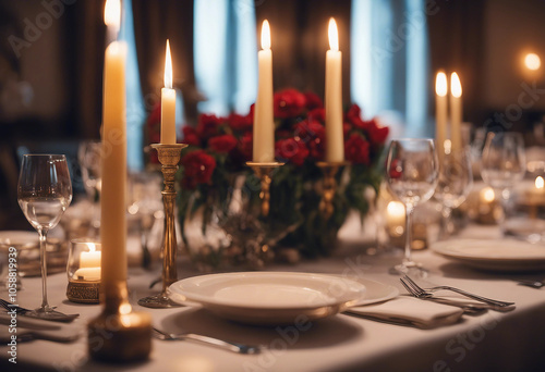 Elegant table setting with candles in restaurant Selective focus Romantic dinner setting with candle