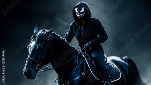 A mysterious figure in a hooded cloak wearing mask rides a horse in a dark barn