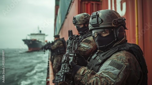 A maritime security team aboard a cargo ship, prepared to defend against potential pirate attacks