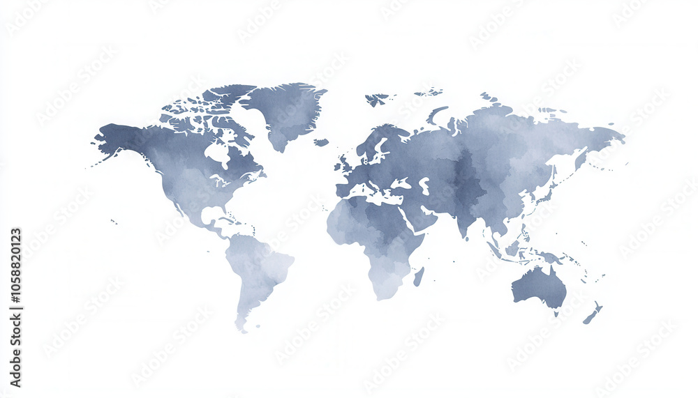 Fototapeta premium A watercolor-style world map in soft blue tones, ideal for artistic or educational use.