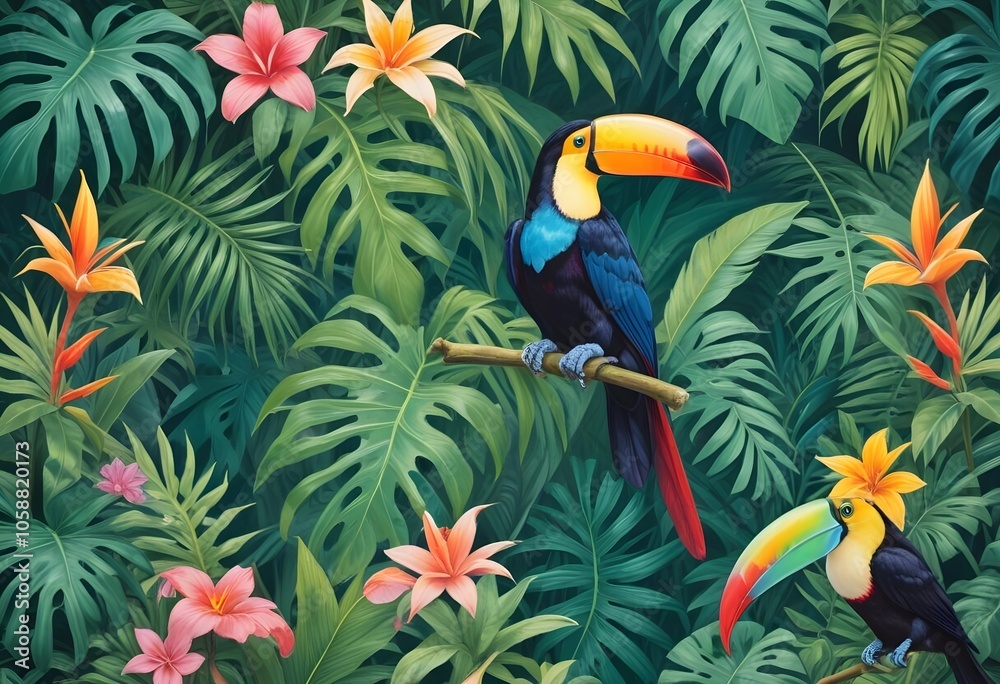 Tropical exotic pattern with animal and flowers in bright colors and lush vegetationn Tropical exotic pattern with animal and flowers in bright colors and lush vegetationn