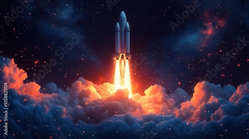 laptop screen displaying a rocket launching into space, blue background ideal for text overlay, symbolizing innovation and entrepreneurship, radiating excitement and futuristic aspirations of startups