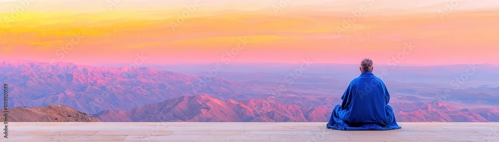 Serene Man Contemplating Majestic Mountain Sunset Serene Man Contemplating Majestic Mountain Sunset
