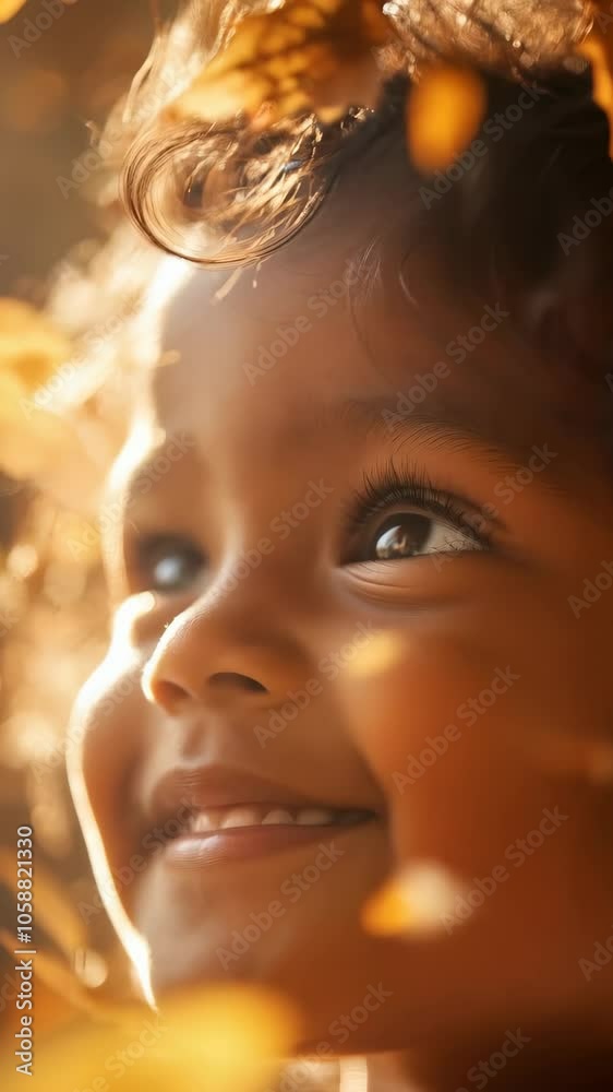 Close-up of a smiling child’s face illuminated by soft, warm sunlight, surrounded by autumn leaves, capturing a moment of joy and wonder in nature. Close-up of a smiling child’s face illuminated by soft, warm sunlight, surrounded by autumn leaves, capturing a moment of joy and wonder in nature.
