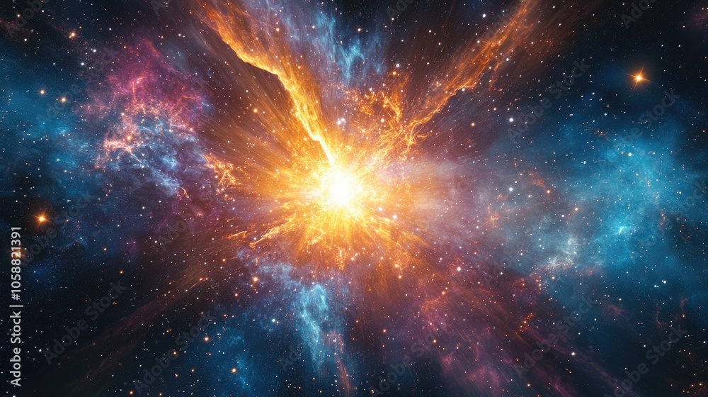 Fototapeta premium Vibrant cosmic background featuring a supernova nebula with explosive lights and stars illuminating the vastness of space