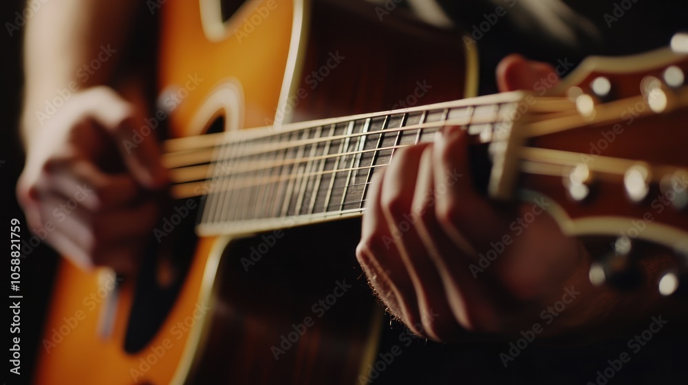 Obraz premium Closeup of a Guitarist's Hands Playing an Acoustic Guitar
