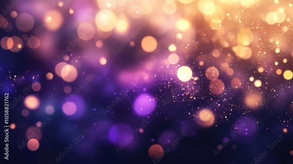 Abstract background showcasing a vibrant array of purple and gold bokeh lights Abstract background showcasing a vibrant array of purple and gold bokeh lights