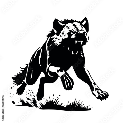 aggressive hyena run vector silhouette, isolated white background