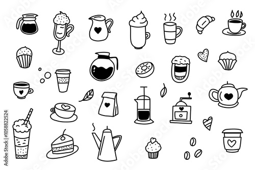 Doodle Coffee illustrations set. Hand drawn doodle coffee shop collection with cups of coffee, tea, coffee beans and desserts. Vector illustration isolated on white.