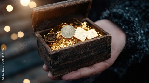 A person holds a treasure chest filled with gold coins and sparkling jewels, surrounded by a magical, soft glow of lights. photo