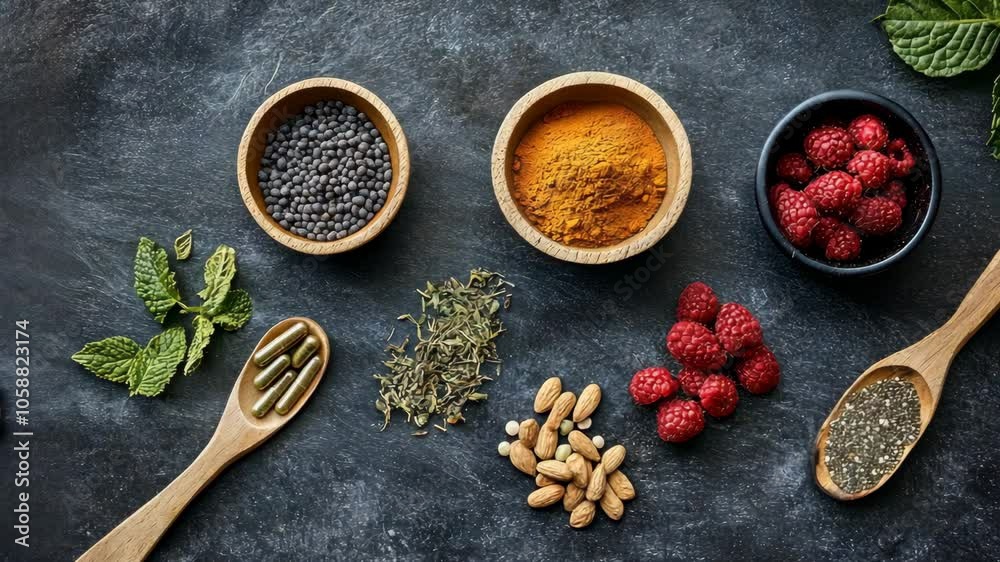 A variety of natural ingredients are arranged on a dark background, including seeds, herbs, and berries A variety of natural ingredients are arranged on a dark background, including seeds, herbs, and berries