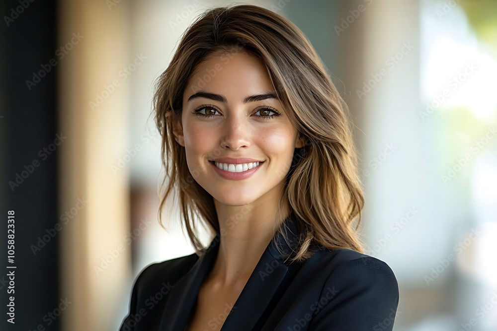 Smiling Businesswoman Headshot with Long Hair and Modern Background Smiling Businesswoman Headshot with Long Hair and Modern Background