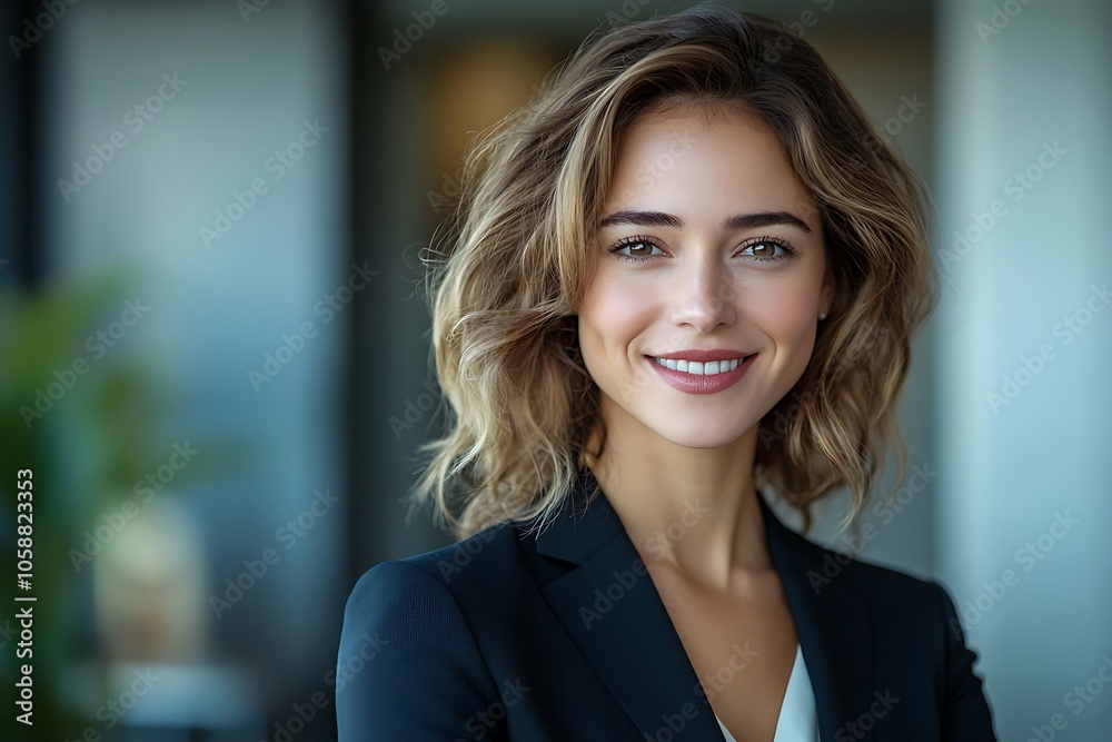 Smiling Businesswoman Headshot with Wavy Brown Hair in Business Suit Smiling Businesswoman Headshot with Wavy Brown Hair in Business Suit