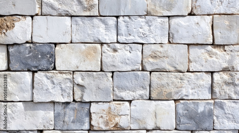Obraz premium Close-up detail of an aged white and grey brick masonry wall, providing a textured background and a versatile backdrop with ample copy space for creative projects.