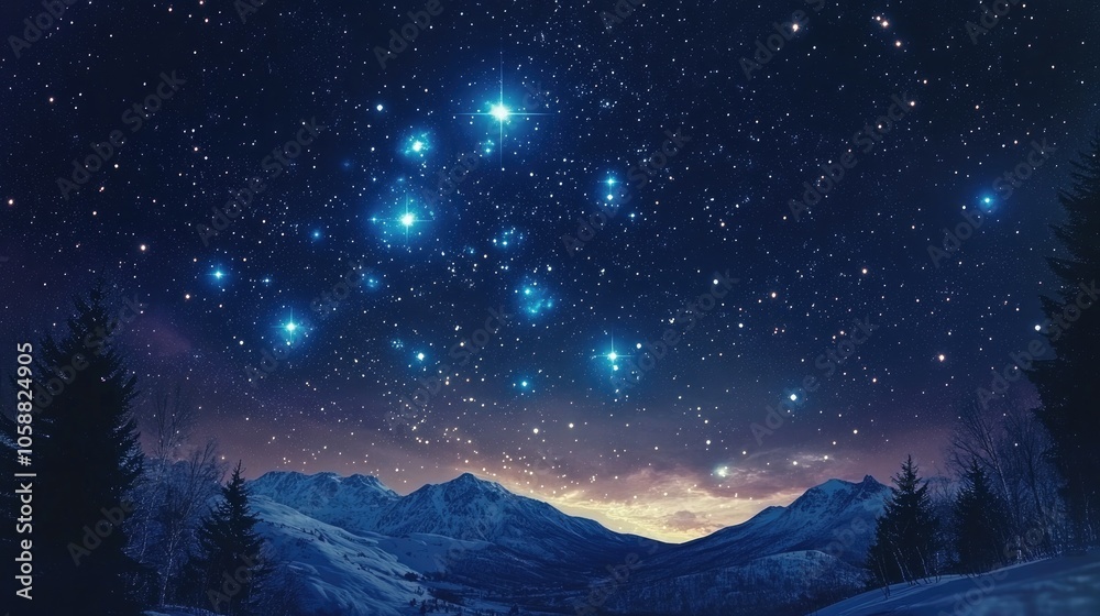 Fototapeta premium Starry winter night sky featuring Orion and Betelgeuse
