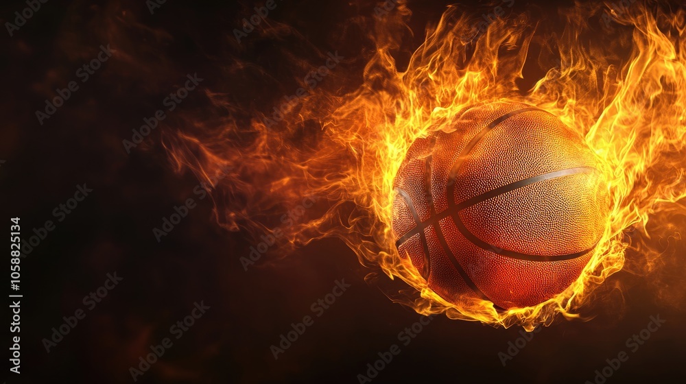 Flaming basketball against a dark backdrop ideal for sports themed designs Flaming basketball against a dark backdrop ideal for sports themed designs