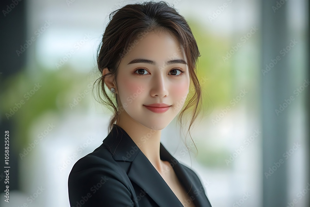 Smiling Businesswoman in Black Blazer by Window Smiling Businesswoman in Black Blazer by Window