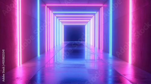 3D render of an abstract minimal background featuring glowing lines a blank space and neon lights in shades of pink and blue suggesting a virtual reality corridor with a laser display