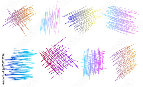 The image showcases various colorful scribbles and sketches on a white background, ideal for design elements. Vector illustration