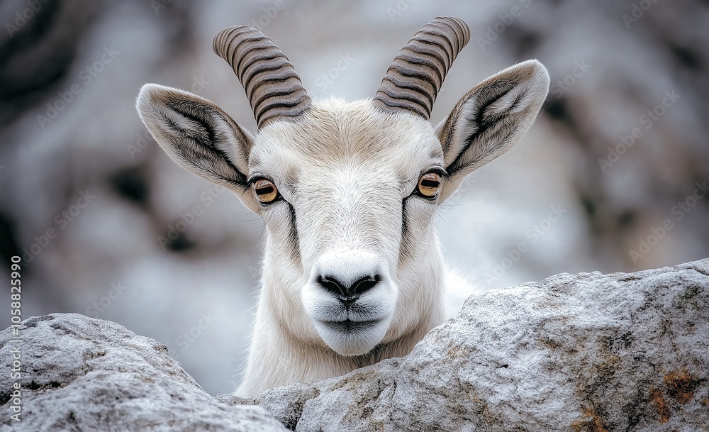 Majestic mountain goat standing tall and proud atop a snow capped rocky peak its sharp horns and piercing gaze commanding attention amidst the serene and rugged alpine wilderness landscape Majestic mountain goat standing tall and proud atop a snow capped rocky peak its sharp horns and piercing gaze commanding attention amidst the serene and rugged alpine wilderness landscape