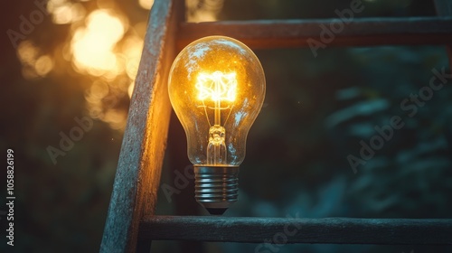 Illuminated Light Bulb on a Wooden Ladder Representing Fresh Ideas and Creative Concepts