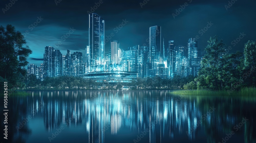 Fototapeta premium Futuristic data lakehouse concept featuring a holographic cityscape on a tranquil lake showcasing advanced data integration and innovation