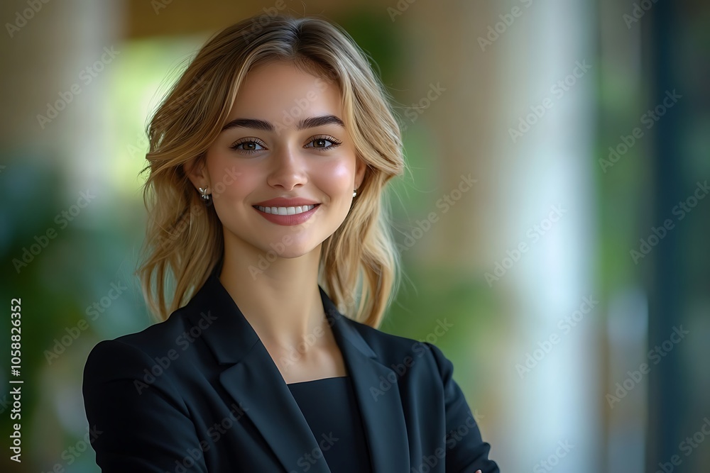 Smiling Businesswoman in Black Blazer with Blonde Hair Looking at Camera Smiling Businesswoman in Black Blazer with Blonde Hair Looking at Camera
