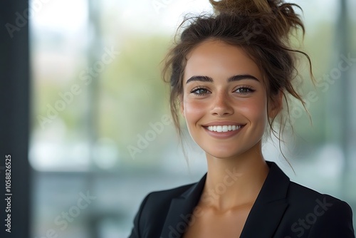 Smiling Businesswoman in Black Blazer with Blurred Background.