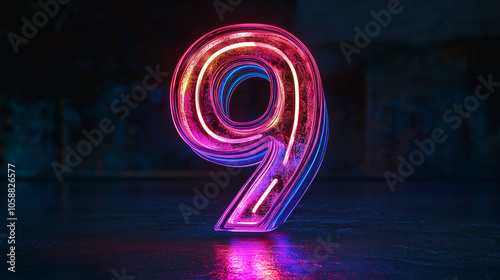 A striking neon number nine shines intensely in purple hues, emitting an electric vibe that embodies mystery and innovation in a sleek, modern style.