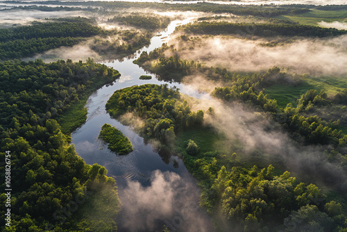 Early morning mist over a winding river and lush landscape