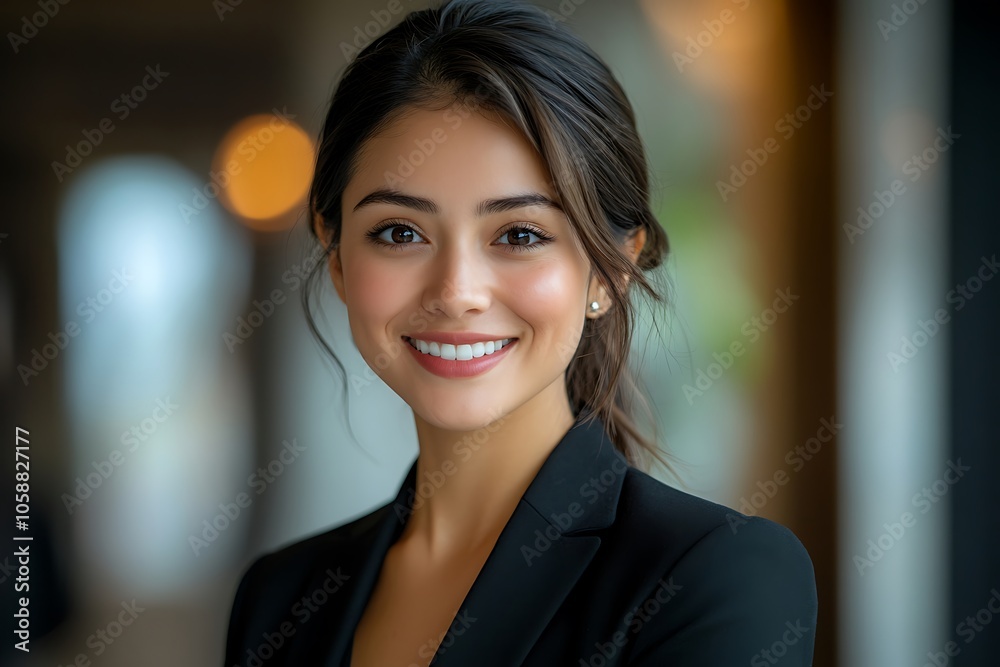 Smiling Businesswoman in Black Blazer with Brown Eyes