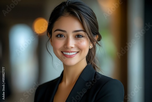 Smiling Businesswoman in Black Blazer with Brown Eyes