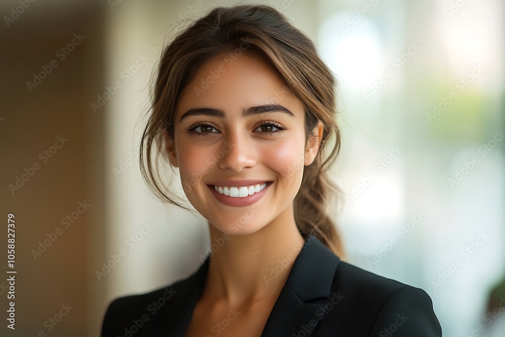 Smiling Businesswoman in Black Blazer with Bright Eyes Smiling Businesswoman in Black Blazer with Bright Eyes