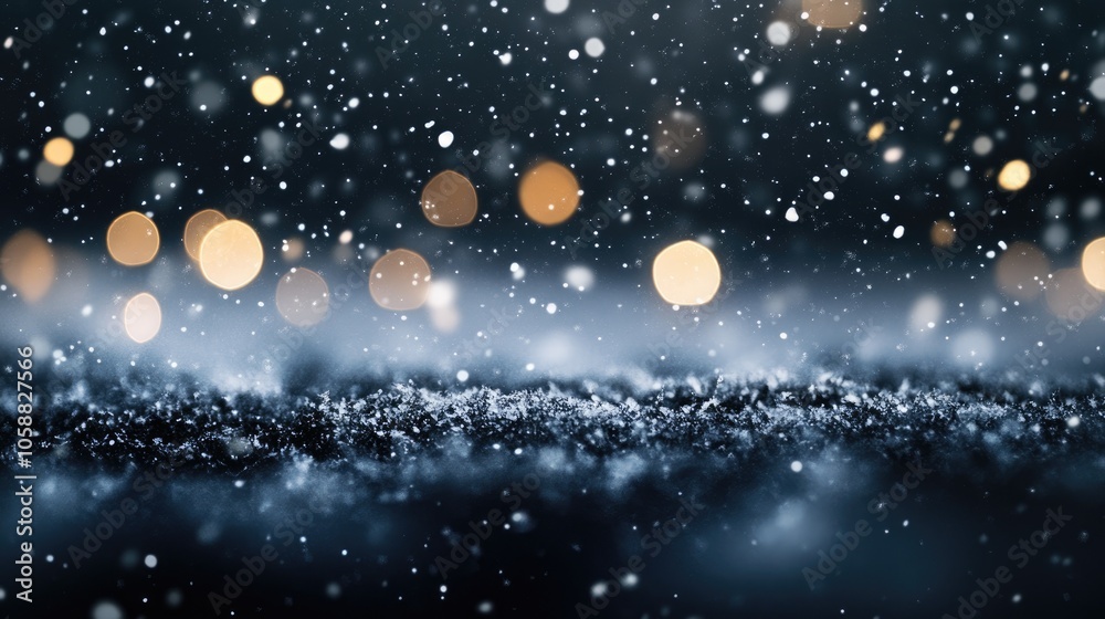 Naklejka premium Elegant snowy night backdrop showcasing a delicate black texture with falling snowflakes bokeh lights and a subtle blizzard effect ideal for capturing a cozy winter ambiance