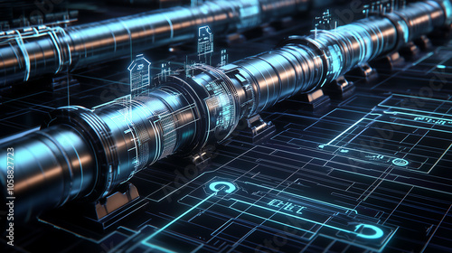 A futuristic layout of a petroleum pipeline network displayed in a graph style. The network shows advanced, sleek pipelines connecting high-tech facilities like extraction sites, refineries, and distr photo