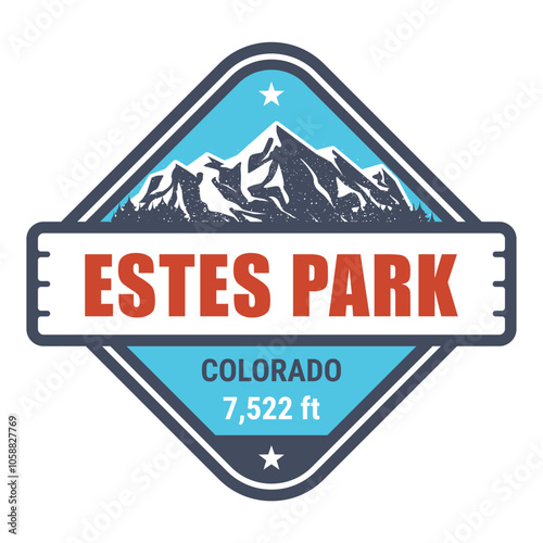 Estes Park, Colorado ski resort stamp, emblem with snow covered mountains, vector
